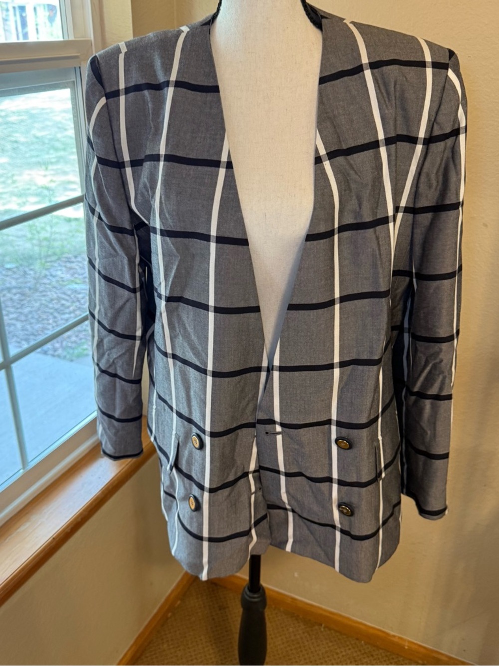 Gray Windowpane Double-Breasted Blazer